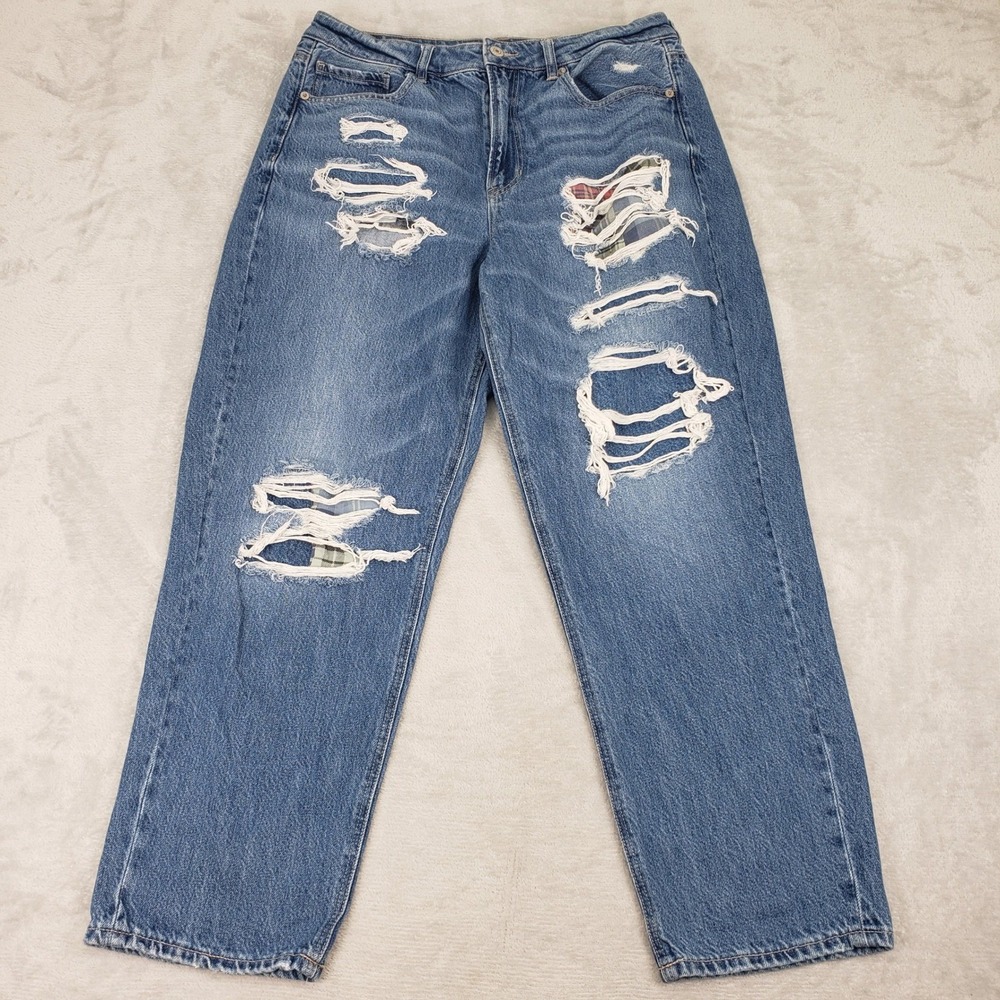American Eagle Plaid Patch Mom Straight Jeans Distressed Women 14 (32) High Rise